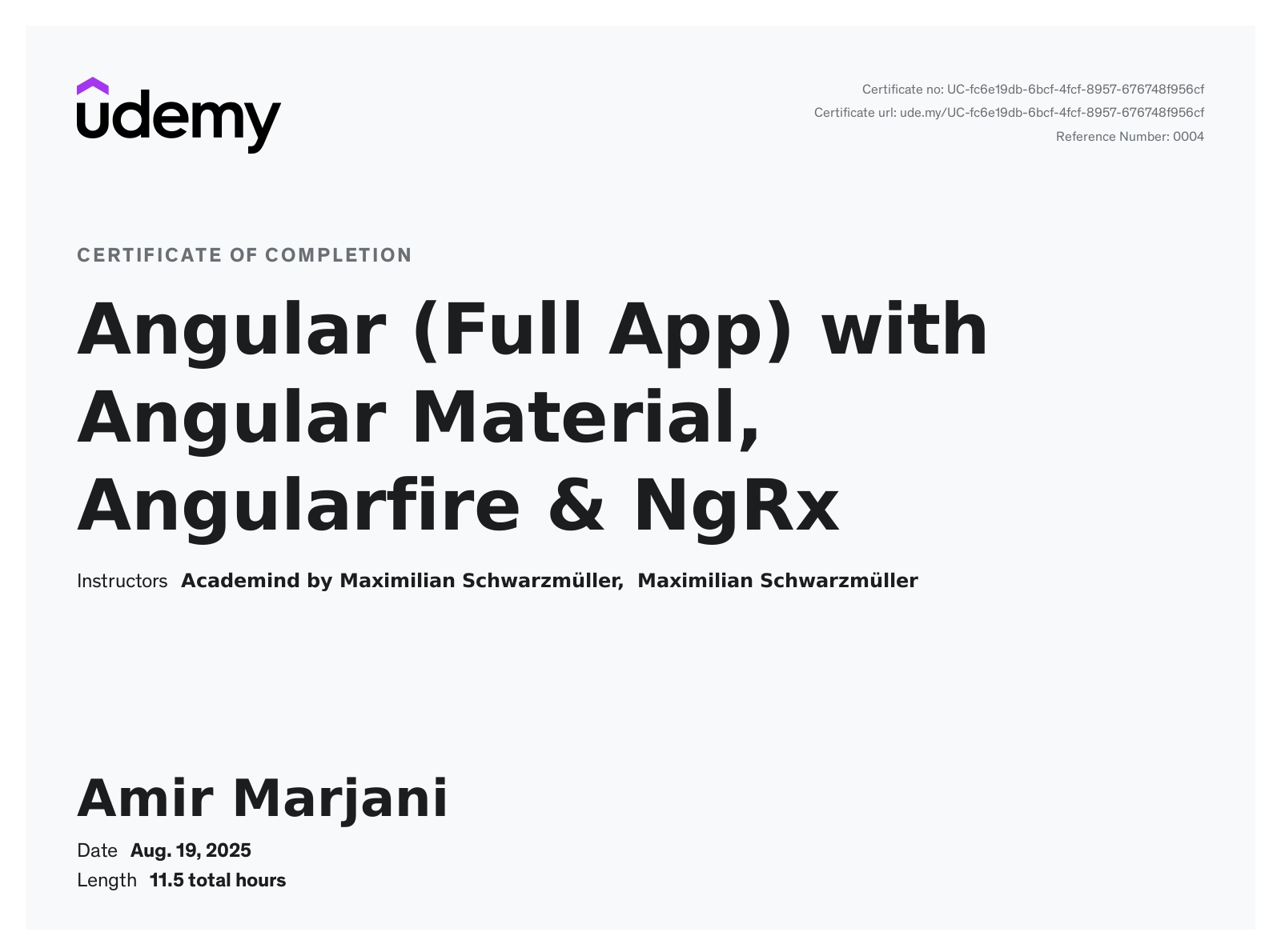 Angular (Full App) with Angular Material, Angularfire & NgRx certificate